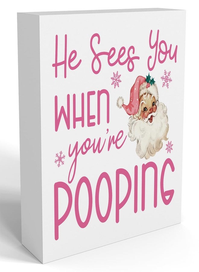 FXEFXE Funny Christmas Bathroom Decor, Pink Christmas Decoration, Funny Gift Decorations for Bathroom, Wooden Box Sign for Home Farmhouse Office Living Room Table Shelf Tiered Desk Decor - Image 1